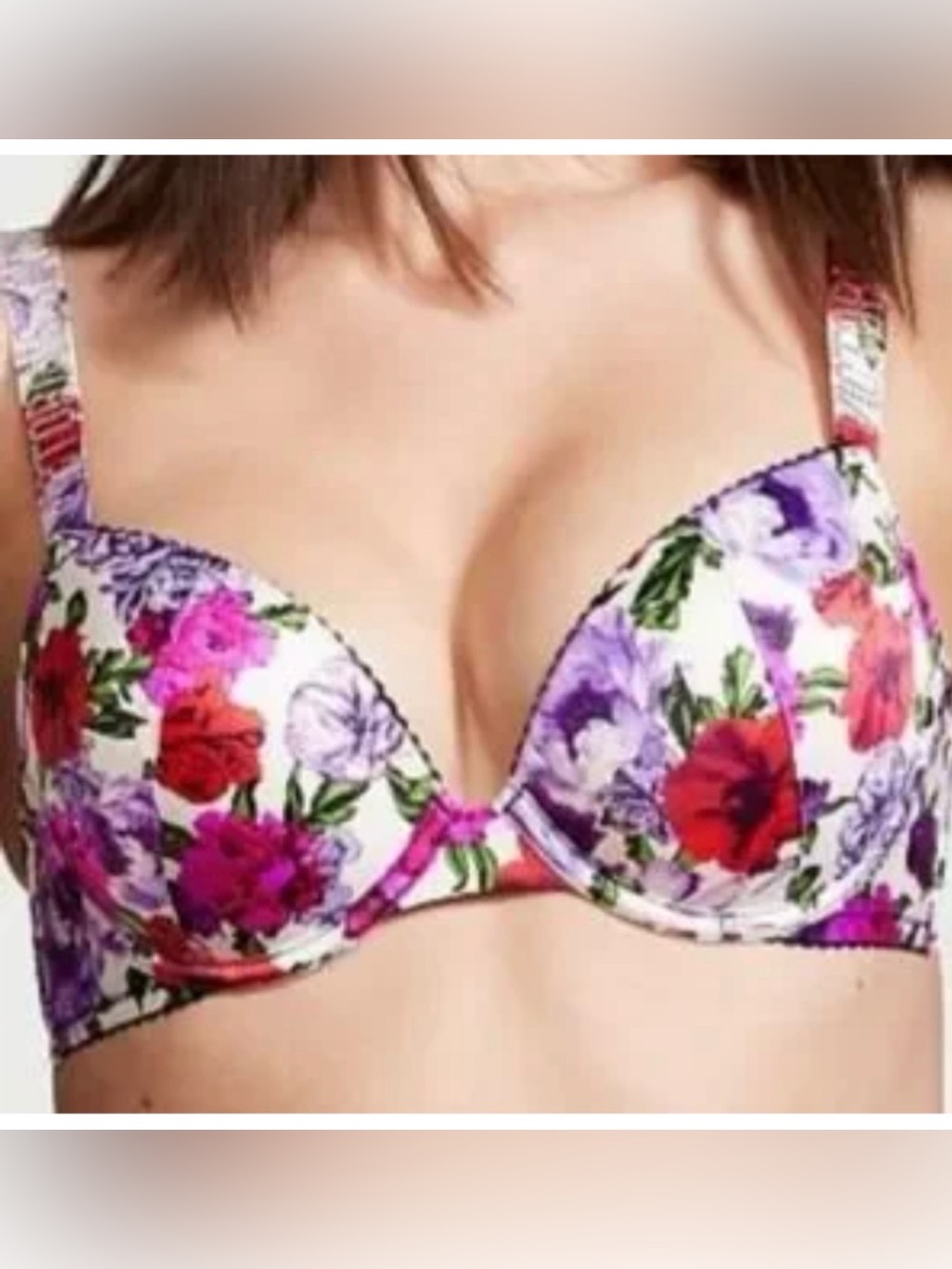 Victoria’s Secret Very Sexy Push-Up Floral Bra Rhinestone Logo Straps 36B NWT
